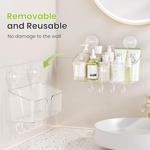 LUXEAR Shower Caddy Suction Cup, No Drilling Strong Hold Shower Organizer with Hooks & Soap Dish Fast Draining Removable Reusable Bathroom Storage Shelf Friendly for Bathroom/Kitchen/RV 22LBS Capacity - Image 7
