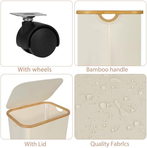 Laundry Basket with Wheels,100L Hampers for Laundry,Large Laundry Hamper with Lid and Bamboo Handles,Collapsible & Waterproof Tall Cloth Hamper for Dormitory Family，Beige - Image 2
