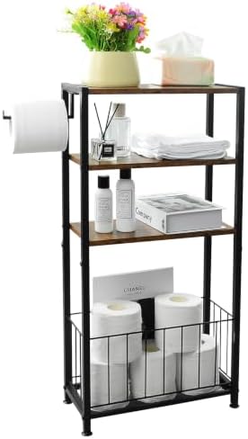 Freestanding Toilet Paper Holder with Storage Wood Shelf Adjustable Feet by Mivvosakuki