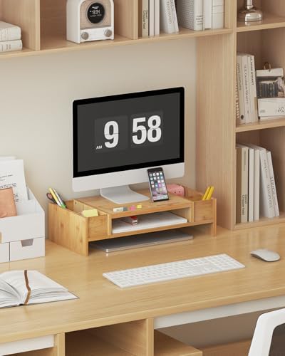 Ufine Bamboo Monitor Stand with Storage Compartments Small Desk Organizer - Image 2
