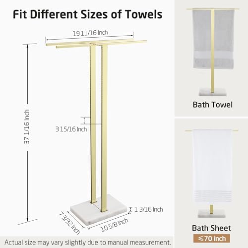 KES Brushed Gold Standing Towel Rack, 37" H, Heavy Marble Base, Bathroom - Image 6