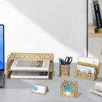 EasyPAG Desk Organizers and Accessories 5 Pieces Office Supplies Set - 2 Tier Paper Tray, Pencil Organizer for Desk, Mail Sorter Countertop, Business Card Holder and Sticky Note Holder, Gold - Image 7