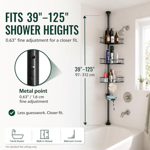 Shower Caddy Tension Pole, 4-Tier Heavy Duty Corner Organizer, 39-125 Inch - Image 3
