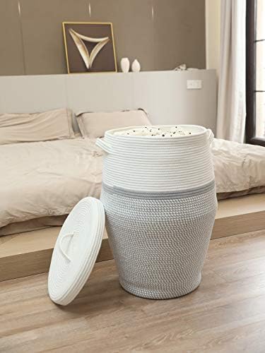 26"x20" Extra Large Tall Woven Laundry Basket with Lid, Cotton Rope Blanket Storage Basket, Freestanding Decorative Bin for Bedroom Living Room, White & Light Grey - Image 6