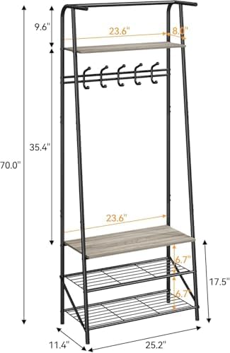 OUTLANE Entryway Hall Tree with 5 Hooks, Shoe Bench & Storage Shelf, Coat Rack Organizer with Wood Accents and Metal Frame for Entryway, Living Room, Bedroom, Gray-Single row - Image 2
