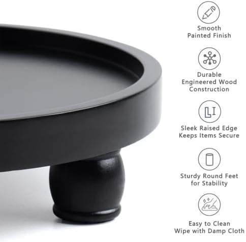 ROSE BLOOM 10" Round Wood Pedestal Stand, Farmhouse Display Riser for Bathroom Vanity, Kitchen Counter & Coffee Bar, Decorative Wooden Tray for Candles, Plants & Home Decor, Black - Image 4