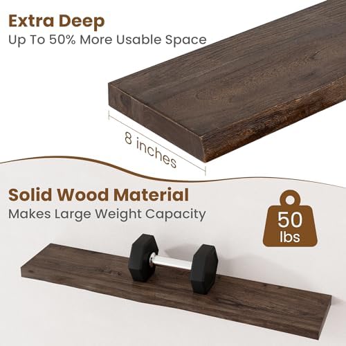 Floating Shelves for Wall Decor, Rustic Solid Elm Wood Live Edge Floating Shelves Wall Mounted, Wall Shelves with Invisible Bracket for Living Room Bathroom Bedroom Kitchen, 36 Inch Set of 2, Walnut - Image 5