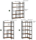CHOEZON Corner Bookshelf, 5-Tier L-Shaped Bookcase, Corner Shelf with Metal Frame, Industrial Tall Display Shelf, for Living Room, Home Office, Bedroom, Rustic Brown TSJ12BF - Image 2