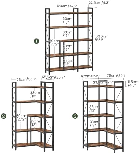 CHOEZON Corner Bookshelf, 5-Tier L-Shaped Bookcase, Corner Shelf with Metal Frame, Industrial Tall Display Shelf, for Living Room, Home Office, Bedroom, Rustic Brown TSJ12BF - Image 2