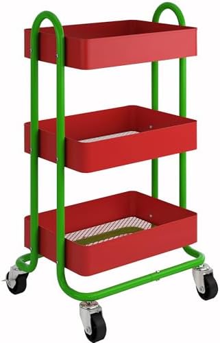 Metal Rolling Cart,3-Tier Metal Rolling Cart with Wheels,3 Tier Utility Cart with Wheels for Office,Home,Kitchen,Garden（13.4"x18.1"x31"） Red+Green by Elitehouse