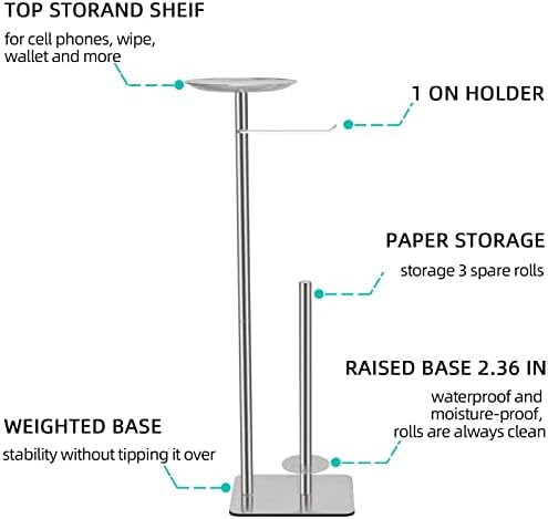 FEILERN Toilet Paper Holder Stand for Bathroom Floor Standing Toilet Roll Dispenser Storages 4 Reserve Rolls, with Top Storage Shelf for Cell Phones, Wipe, Wallet and More(Brush Nickel) - Image 2