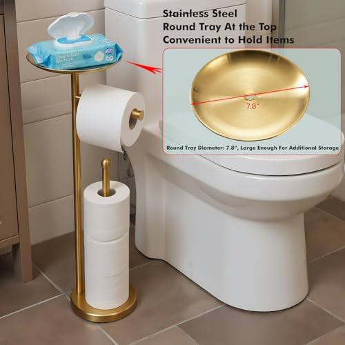 Freestanding Toilet Paper Holder with Shelf, Gold Toilet Paper Stand with Storage Tray and Space for 4 Extra Rolls - Image 2