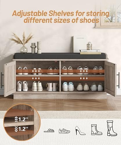 Akxomel 39.4" Fluted Shoe Storage Bench 2 Doors Wooden Entryway Bench Grey - Image 6