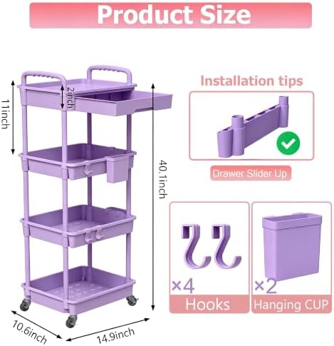 REBECAT 4 Tier Rolling Cart with Drawer, Utility Storage Cart on Wheels for Kitchen, Bathroom, Living Room,Office(Purple) - Image 2