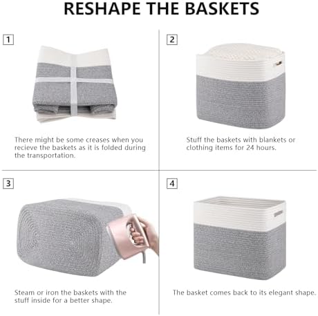 OIAHOMY 2 PACK Tall Storage baskets 42L Blanket Basket Living Room Grey - Image 7