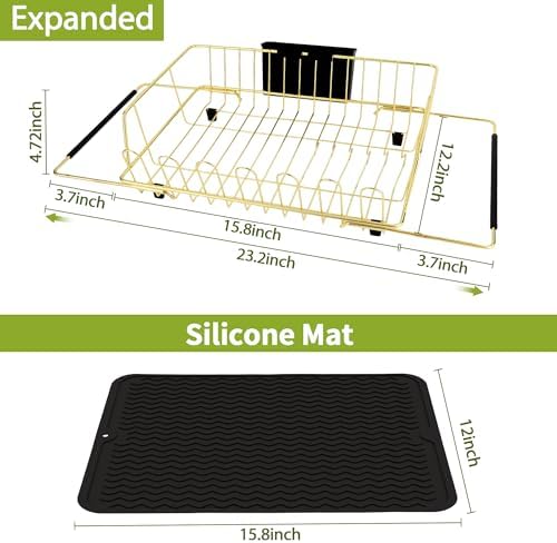 Golden Expandable Dish Drying Rack-Extra Large Stainless Steel Dish Drainer Over The Sink for Kitchen Countertop with Utensil Holder, Applicable for Sink Width 16'-22' (Gold,23.2'*12.2') - Image 2