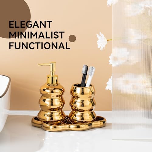 Gold Bathroom Accessory Set, 3-Piece Gold Ceramic Bath Accessories Set with Tray, Lotion Dispenser, and Tumbler for Luxurious Bathroom Decor - Image 5