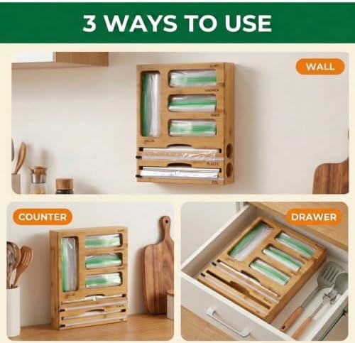 Bag Storage Organizer for Kitchen Drawer and Plastic Wrap Dispenser with Cutter, 6 In 1 Large Capacity Bamboo Foil and Plastic Bag Food Baggie Organizer for Snack, Sandwich, Gallon, Quart - Image 6