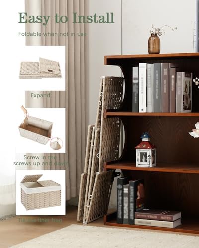 SETVSON Storage Basket with Lid, PE Rattan Storage Bin Light Khaki - Image 5