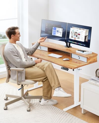 HUANUO 55″ x 26″ Electric Standing Desk with 2 Drawers, C-Clamp Mount Compatible, Height Adjustable Computer Desk, Home Office Stand Up Desk with 4 Preset Heights & 2 Hooks, Light Vintage - Image 2
