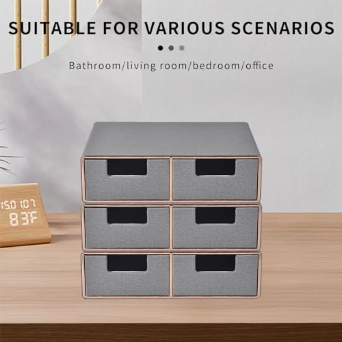 Linen Leather Desk Organizer with Drawers－Mini Desktop Drawer Organizer Stackable－Multifunctional Tabletop Organization Storage Box for Office Supplies Home Vanity Toiletries (Grey, 2-drawers) - Image 4