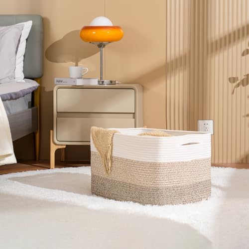 ICERZCZ Large Rectangle Blanket Basket, Large Storage Basket for Organizing, Cotton Rope Woven Basket for Storage with Handles, Baby Nursery Living Room Bedroom, 22”x17”x12”, 75L - Image 2