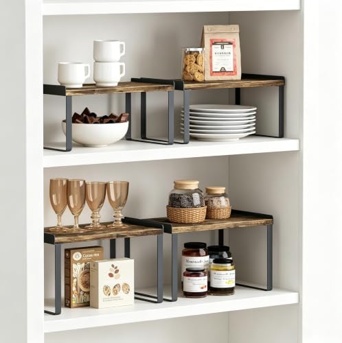 Goozii Kitchen Cabinet Shelf Set of 4, Cupboard Shelves for Plates Dishes Cups Mugs Spices, Pantry Cupboard Cabinet Organizers and Storage Shelves Rack Insert for Countertop (Brown) - Image 4