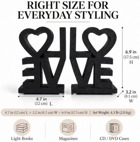 Love Bookends, Black Decorative Book Ends for Shelves, Resin Bookends Set - Image 2