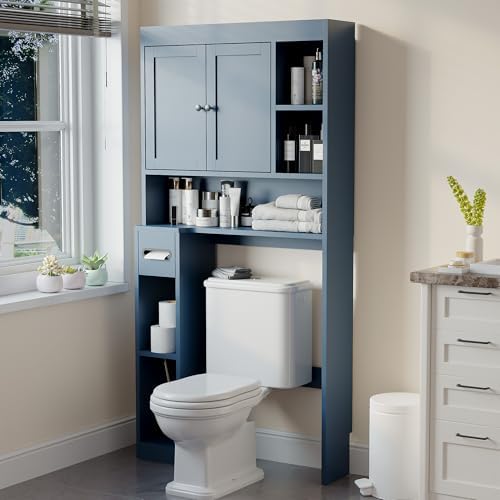 Over The Toilet Storage Cabinet with 7 Shelves, Imitation Walnut Grain Above Toilet Bathroom Organizer with Toilet Paper Holder Stand, Space Saver for Restroom, Laundry, Bathroom (Navy Blue) by Nivisre