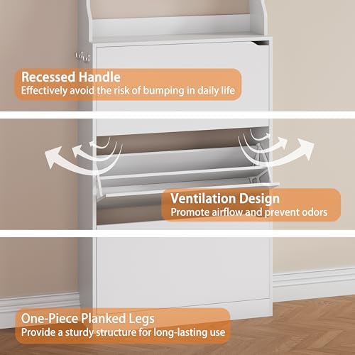 White Hidden Shoe Cabinet with 3 Flip Drawers & Coat Rack, Entryway - Image 5
