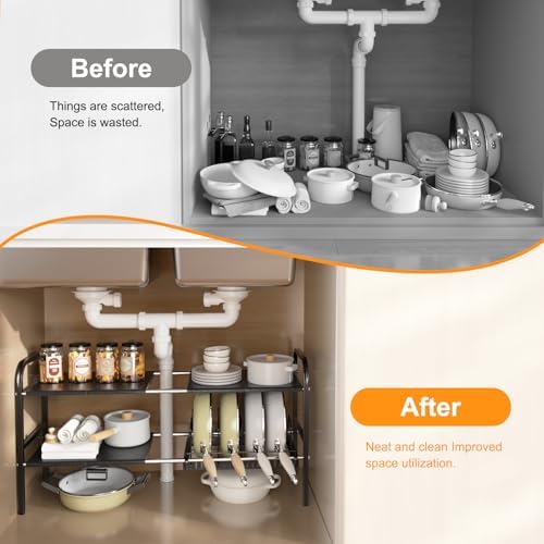 Under Sink Organizer 2 Tier Kitchen Storage Rack, Expandable Pot and Pan Organizer with Adjustable Height & 4 Dividers, Removable Kitchen Shelf for Cabinet, Countertop(6panels,1 Pot rack, Black) - Image 2