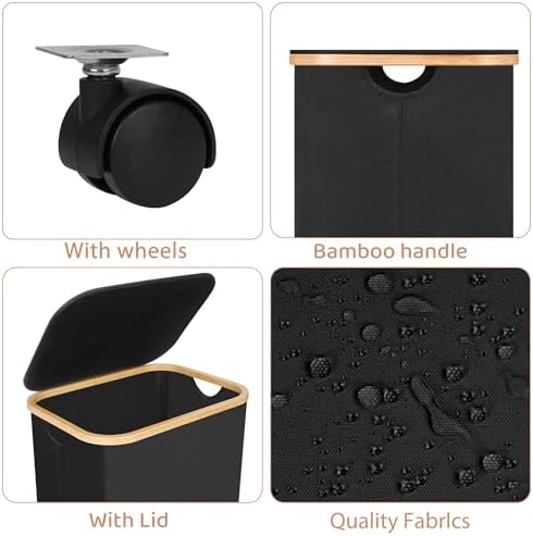 Laundry Basket with Wheels,100L Hampers for Laundry,Black Large Laundry Hamper with Lid and Bamboo Handles,Collapsible & Waterproof Tall Cloth Hamper for Dormitory Family - Image 2