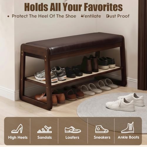 Shoe Rack Bench, 2-Tier Bamboo Entryway Bench 27.5"L, Brown Leather Cushion - Image 4