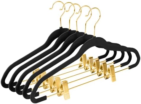 MIZGI Premium Velvet Pants Hangers with Adjustable Clips (Pack of 20) Slim Skirt Hangers- Non Slip Felt Outfit Dress Hangers Black - Gold Hooks,Space Saving Shirt Clothes Hangers by MIZGI