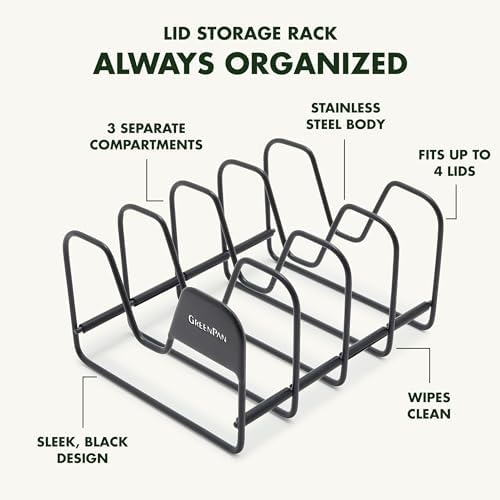 GreenPan Stainless Steel Wire Pots and Pans Lid Storage Rack, Holds 4 Lid Covers, Easy Storage, Countertop or Cabinent Organizer, Minimizes Clutter, Fast Drying, Wipes Clean, Black - Image 4