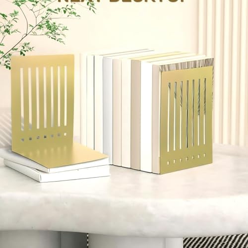4 Pcs 10 Inch Heavy Duty Bookends Non-Skid Base, Gold - Image 3