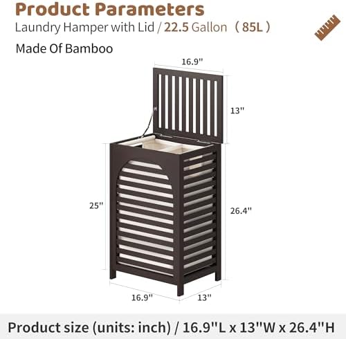 Laundry Hamper with Lid (16.9 * 13 * 26.5inches) Large Bamboo Laundry Bin Basket 85L Clothes Hamper with 1 Removable Bag Storage baskets for Bathroom(Brown) - Image 2