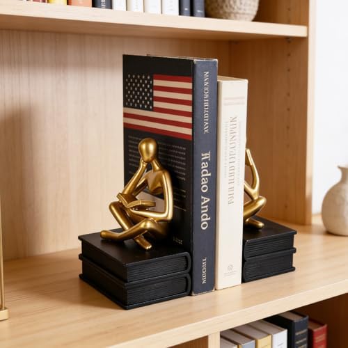 Reading Figurine Book Ends Book Lovers Gifts for Bookshelf Decorations for Readers, Graduates, Students, Teachers, Sculpture Home Decor for Shelves Desk Office Living Room (Black/Gold) - Image 6