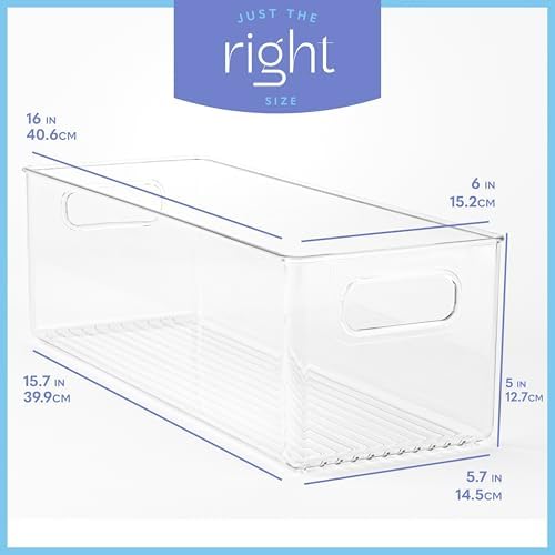 Plastic Food Storage 2 Pack Clear Container Bin with Handles for Organizing Kitchen, Pantry, Refrigerator, Freezer, Pantry, Cabinet, Closet, Bathroom. 16”x6”x5” - Image 3