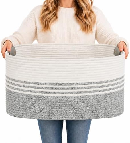 Laundry Hamper with Handles, 72L Rope Laundry Basket, Grey & White by DOFASAYI