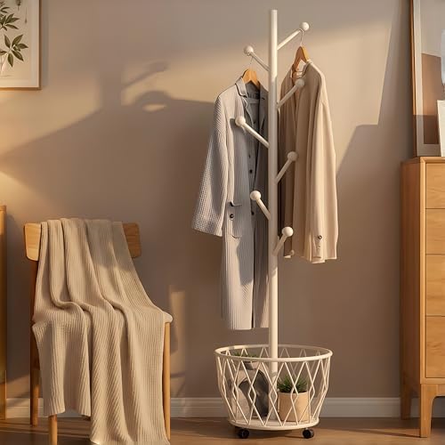 Off-White Moveable Tree Metal Coat Rack with Basket Freestanding 65" by CBBZJY
