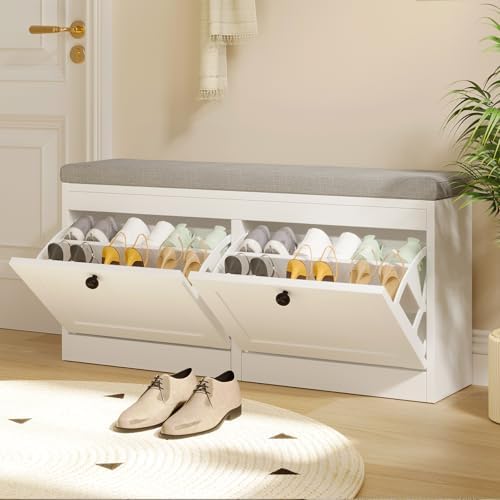 VOWNER Shoe Bench with 2 Flip Drawers, Shoe Organizer Storage Bench with Adjustable Shelves for Entryway, Hallway, Living Room (White) - Image 3