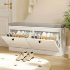 VOWNER Shoe Bench with 2 Flip Drawers, Shoe Organizer Storage Bench with Adjustable Shelves for Entryway, Hallway, Living Room (White) - Image 3