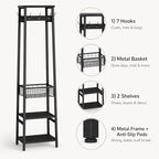 Coat Rack with Metal Basket and Storage Shelves - Image 2