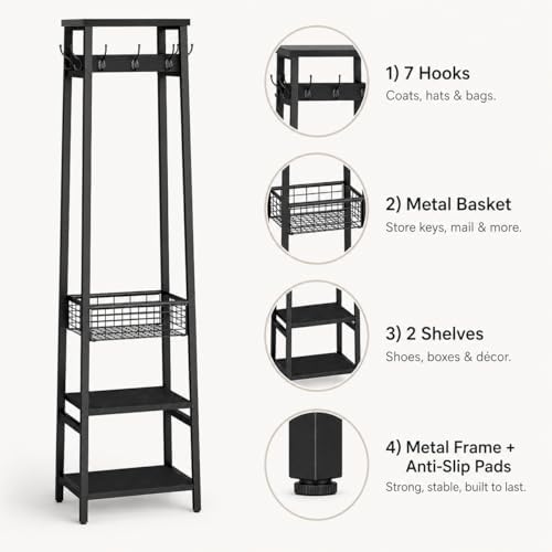 Coat Rack with Metal Basket and Storage Shelves - Image 2