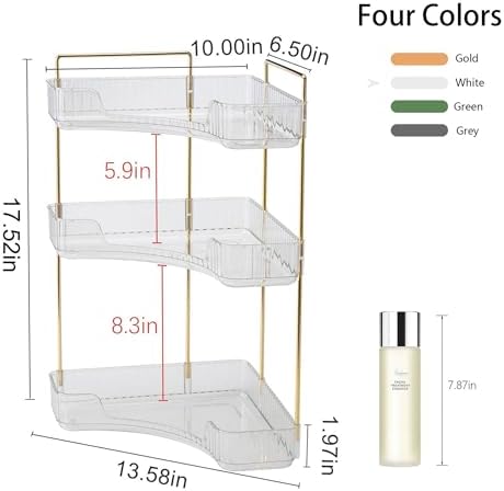 YCIA&DONE Corner Bathroom Counter Organizer, Makeup Organizer for Vanity, Skincare Cosmetic Perfume Tray, Corner Countertop Shelf Rack Storage for Bathroom Kitchen 3 Tiers (Clear White) - Image 4