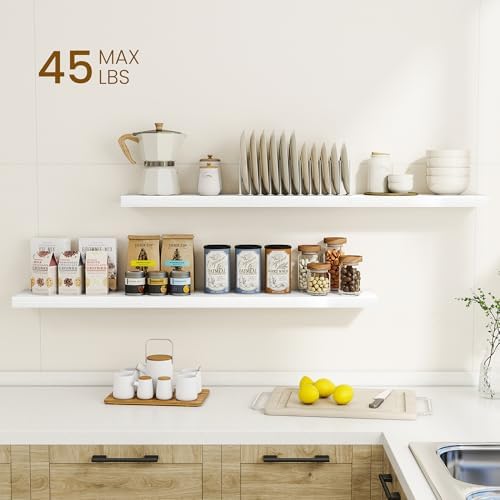 Dreamland 48Inch Floating Shelves for Wall, Rustic Wooden White Floating Shelves for Living Room, Kitchen, Farmhouse, Deep Wall Mounted Book Shelf, Wood Storage Display Shelf for Home Decor, Set of 2 - Image 2