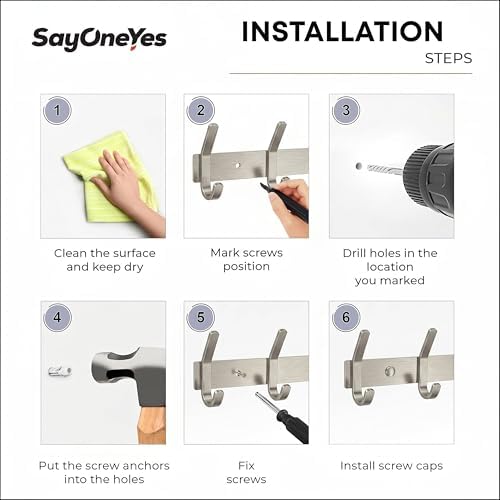 Coat Rack Wall Mount – Brushed Nickel 17 Inch Stainless Steel Hook Rail with 6 Heavy Duty Double Coat Hooks – Wall Mounted Coat Hanger for Entryway, Bathroom, Bedroom, Towel, Hat Organizer - 6 Pack - Image 7