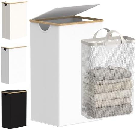 efluky Laundry Hamper with Lid, 100L Tall Laundry Basket with Bamboo Handles for Clothes and Toys, Collapsible Laundry Hamper with Inner Bag for Bedroom and Bathroom, White by efluky