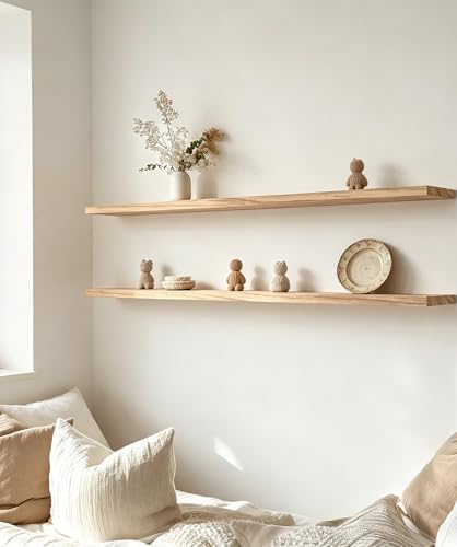 48 Inch Rustic Wood Floating Shelves Farmhouse Wooden Wall Shelves for Bathroom Bedroom Living Room Kitchen Office Set of 4 Light Brown - Image 4